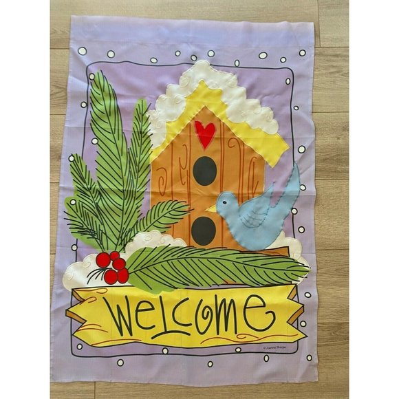 Large Christmas House Flag Welcome Birdhouse Blue Bird Pine Red Berries 28x39" - Picture 1 of 4